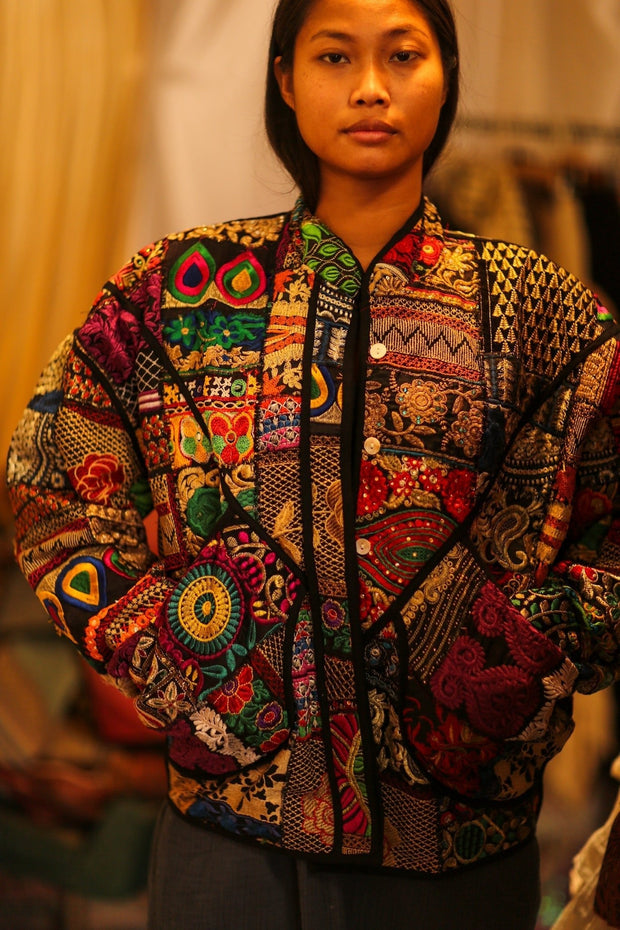 BLACK PATCHWORK JACKET FRINA - sustainably made MOMO NEW YORK sustainable clothing, bestseller slow fashion