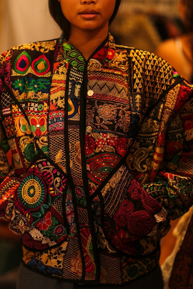 BLACK PATCHWORK JACKET FRINA - sustainably made MOMO NEW YORK sustainable clothing, bestseller slow fashion