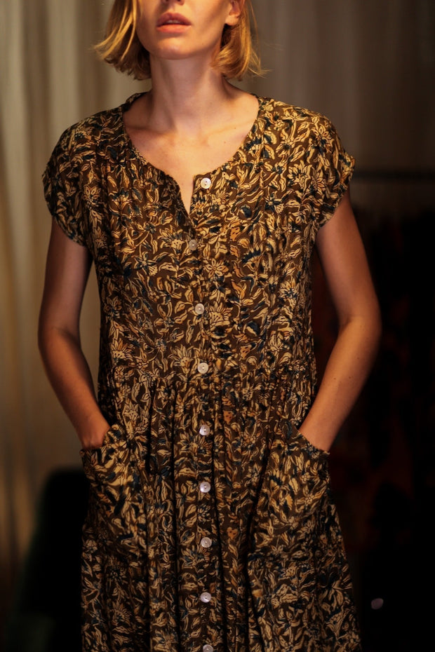 EDITH SILK DRESS GARDEN BEIGE - sustainably made MOMO NEW YORK sustainable clothing, Boho Chic Dress slow fashion