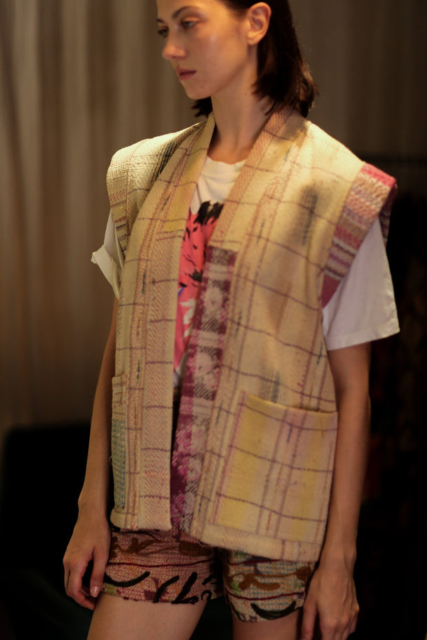KANTHA GILET VEST BANANA CHECKS - sustainably made MOMO NEW YORK sustainable clothing, coatandjacket slow fashion