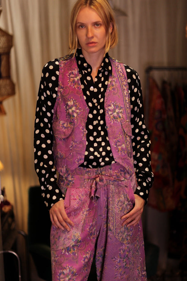 LENA KANTHA TROUSERS LAVENDER FIELD - sustainably made MOMO NEW YORK sustainable clothing, embroidered slow fashion