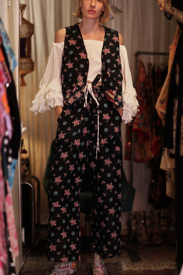 LENA KANTHA TROUSERS MINI BOUQUET - sustainably made MOMO NEW YORK sustainable clothing, embroidered slow fashion
