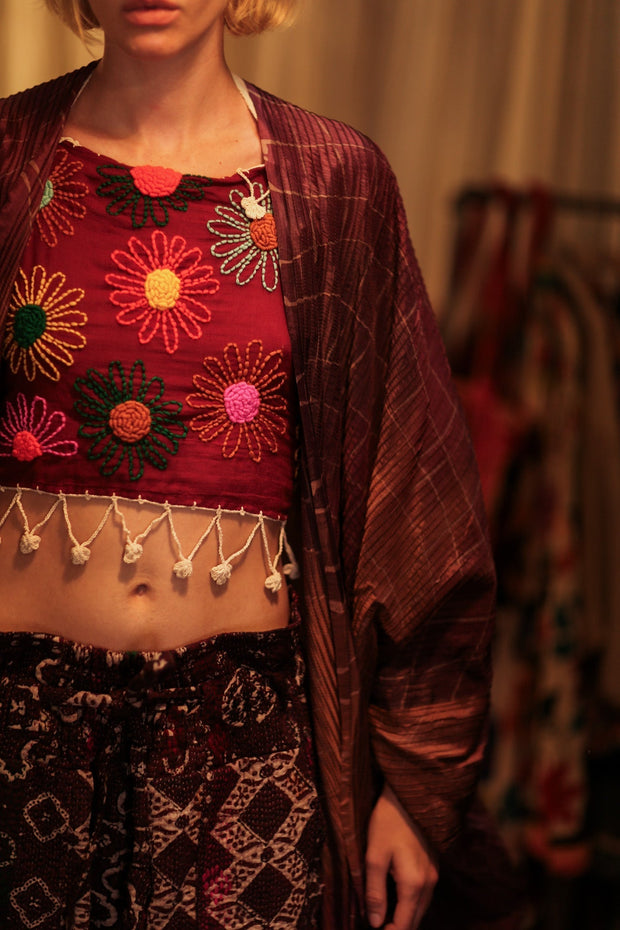 LENA KANTHA TROUSERS RED WINE - sustainably made MOMO NEW YORK sustainable clothing, embroidered slow fashion