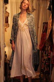 OLIVIA SILK KIMONO GEOMETRIC BLUE - sustainably made MOMO NEW YORK sustainable clothing, new slow fashion