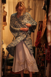OLIVIA SILK KIMONO GEOMETRIC BLUE - sustainably made MOMO NEW YORK sustainable clothing, new slow fashion