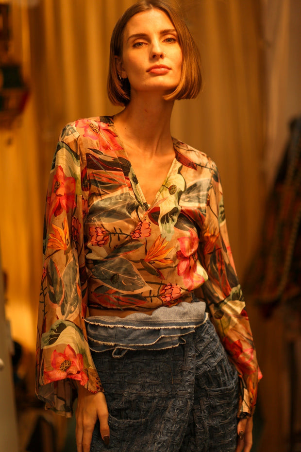 SILK WRAP TOP AURELIA FEATHER BLACK - sustainably made MOMO NEW YORK sustainable clothing, new slow fashion