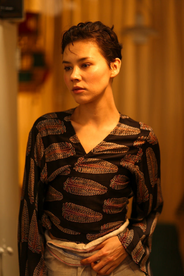 SILK WRAP TOP AURELIA FEATHER BLACK - sustainably made MOMO NEW YORK sustainable clothing, new slow fashion