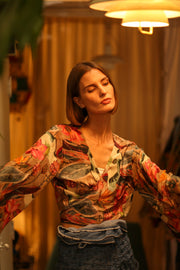 SILK WRAP TOP AURELIA FEATHER BLACK - sustainably made MOMO NEW YORK sustainable clothing, new slow fashion